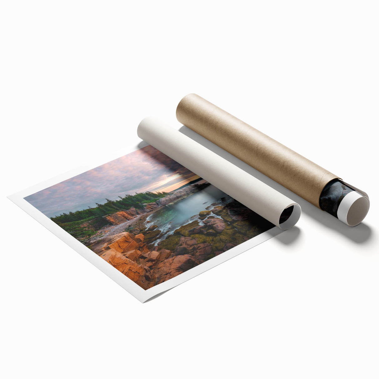 Acadia National Park landscape on rolled canvas, featuring muted earth tones and floral elements.