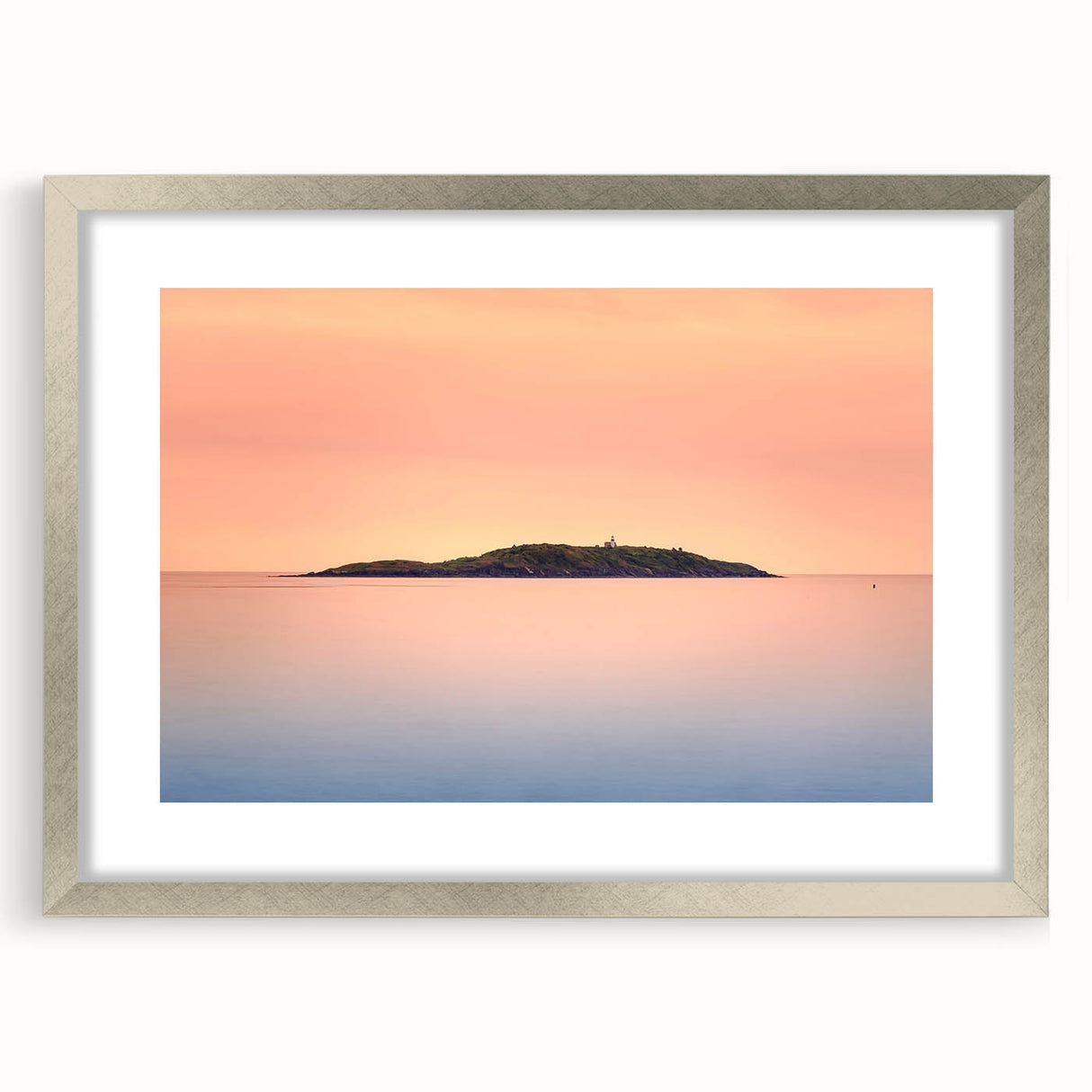 Textured art featuring abstract scenery of Maine in muted earth tones, framed with a silver mat, ideal for bedroom art.