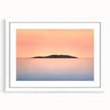 Abstract art print of a serene Maine landscape in soft blue and gray tones on a framed white mat.
