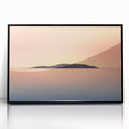 Large abstract wall art depicting a serene Maine landscape in muted blue and green tones, framed in black acrylic.