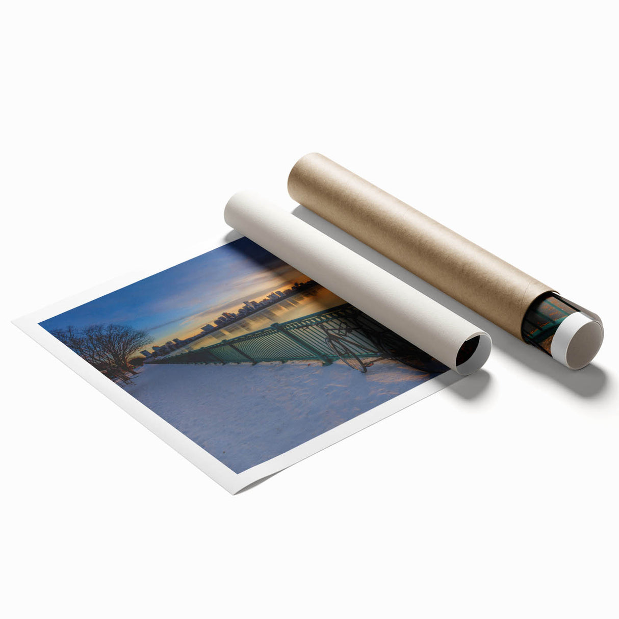 Extra large rolled print of Boston scenery with soft floral patterns in muted colors, ideal for classy bathroom wall art.