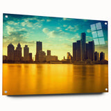 Acrylic print of Detroit skyline in muted gray and blue tones, suitable for dining room decor.