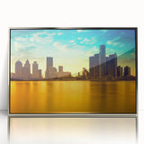 Mid-century modernist art featuring Detroit skyline in muted gray and blue tones on a silver-framed acrylic print.
