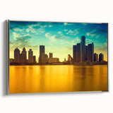 Framed canvas featuring a vintage-style landscape painting of Detroit, with a palette of black and colorful hues.
