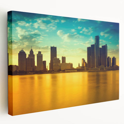 Detroit skyline depicted in vibrant twilight hues on a large stretched canvas, suitable for kitchen wall art.