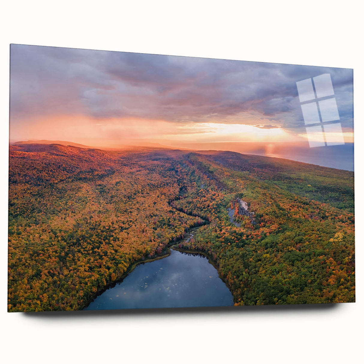 Acrylic print of a large abstract depiction of Michigan's Upper Peninsula in muted green and blue tones.