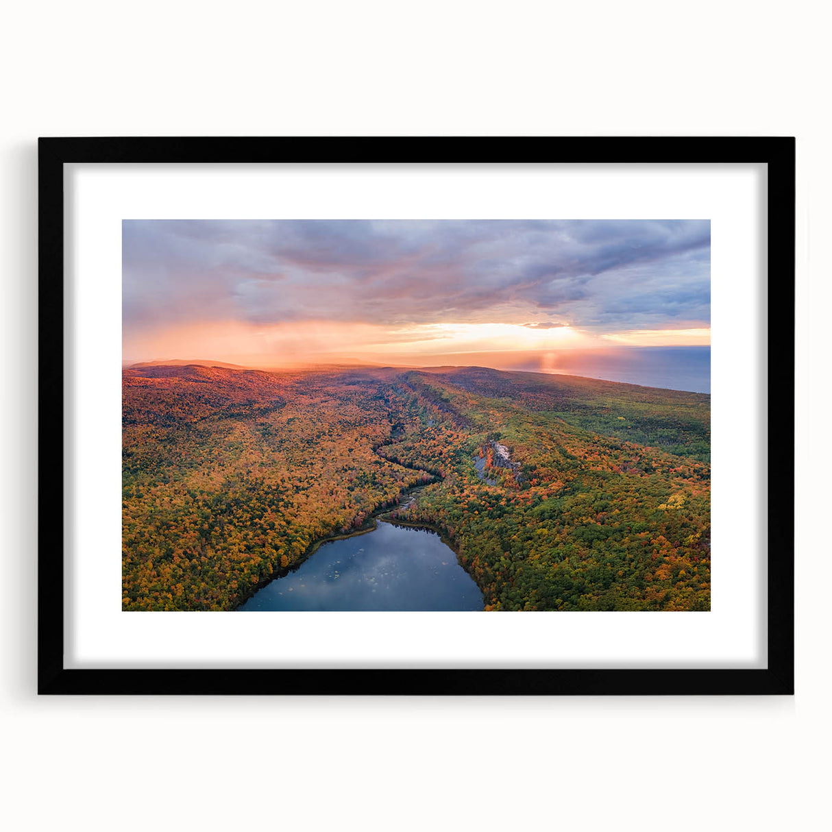 Extra large abstract art print of Michigan's Upper Peninsula in colorful textured style on a black framed canvas.