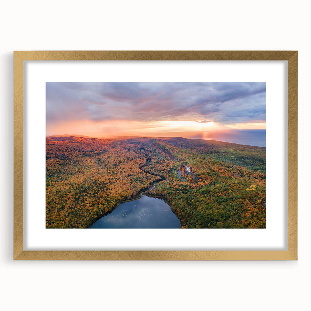 Extra large abstract art print depicting Michigan's Upper Peninsula in textured shades of blue and green on a framed canvas.