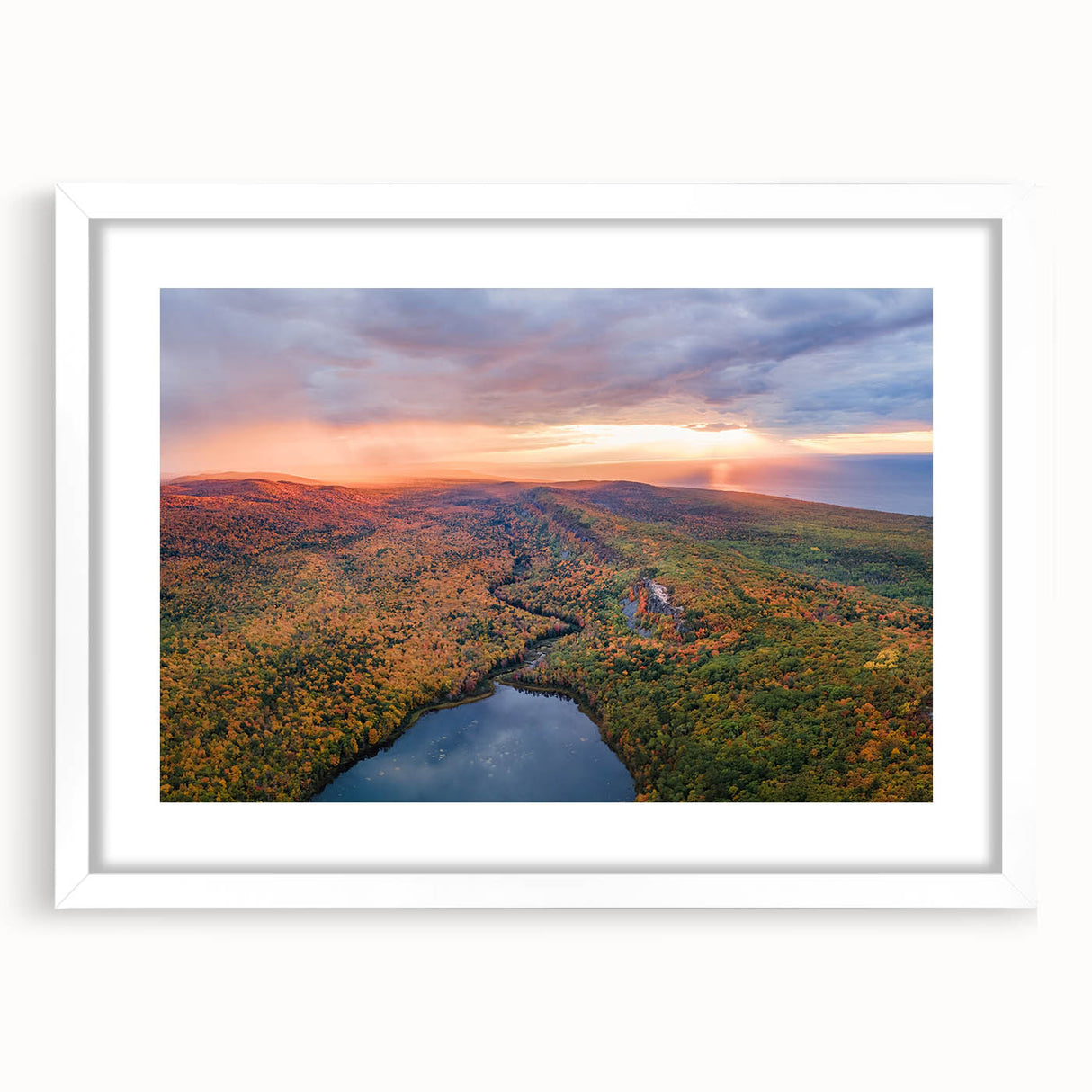 Abstract art print of Michigan's Upper Peninsula in muted earth tones on a framed white mat, ideal for dining room decor.