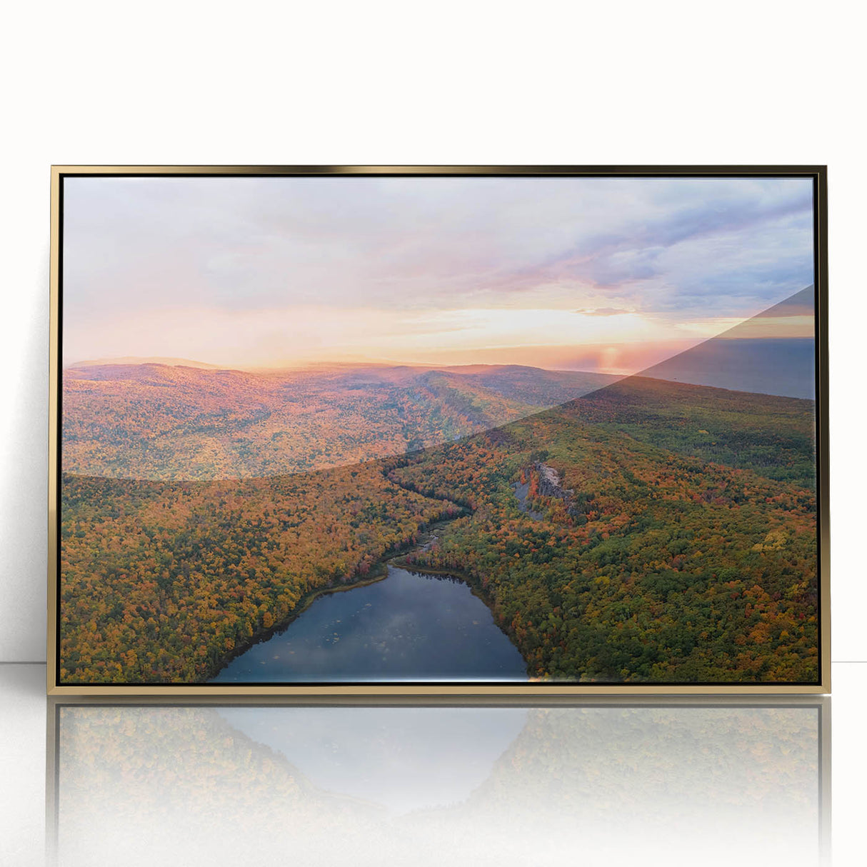 Mid-century modernist acrylic print of Michigan's Upper Peninsula in earth tones, ideal for modern art wall decor.