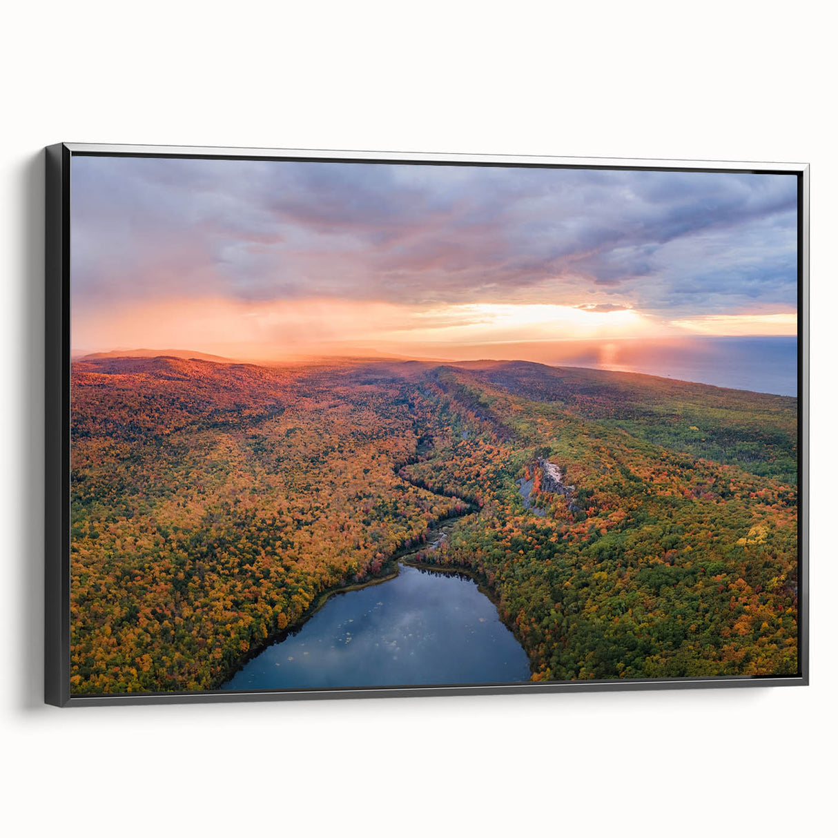 Black and white landscape art painting of Michigan's Upper Peninsula on a framed canvas, suitable for bedroom decor.