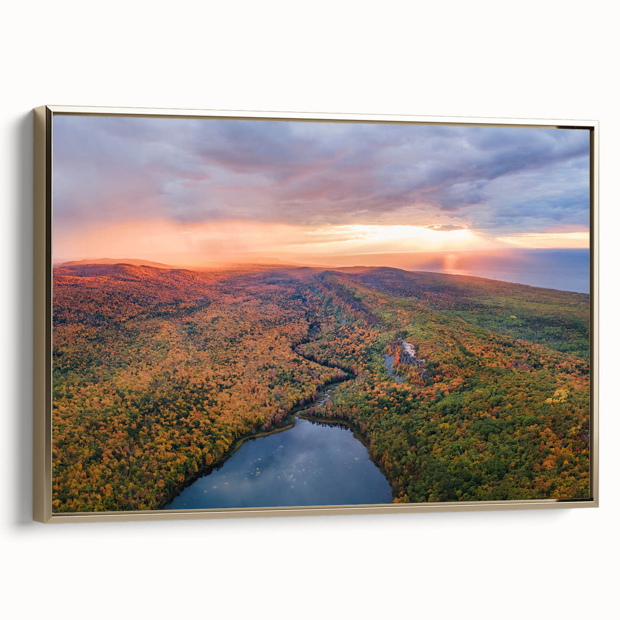 Framed canvas wall art depicting a vintage-style landscape of Michigan's Upper Peninsula in muted earth tones.