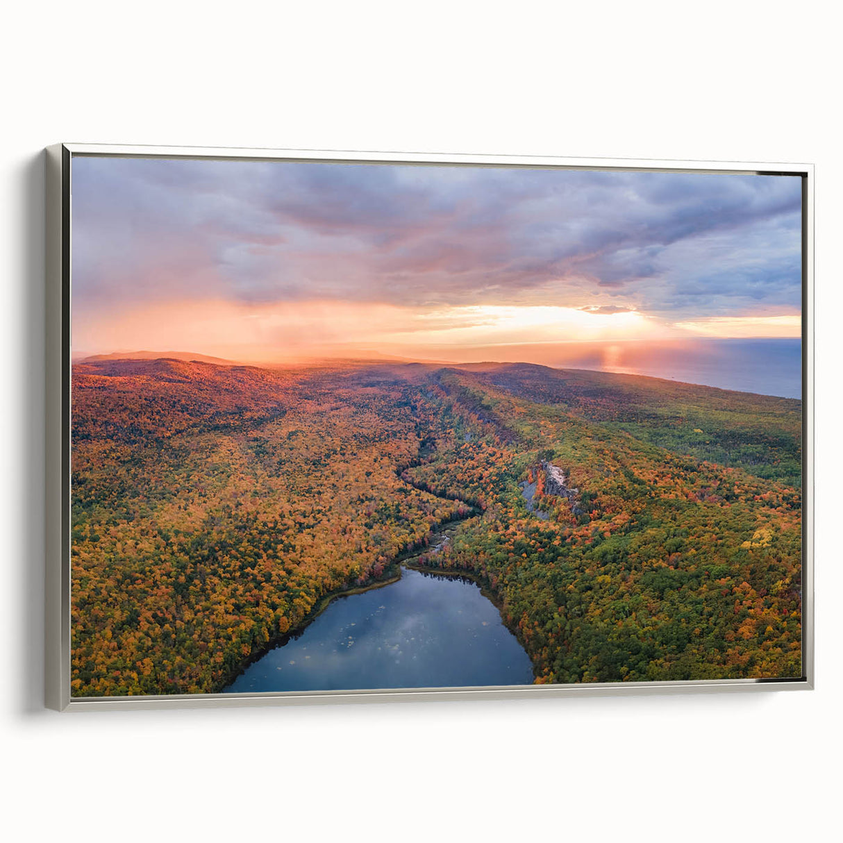 Framed canvas of a vintage-style Michigan Upper Peninsula landscape art painting, featuring vibrant autumn colors.