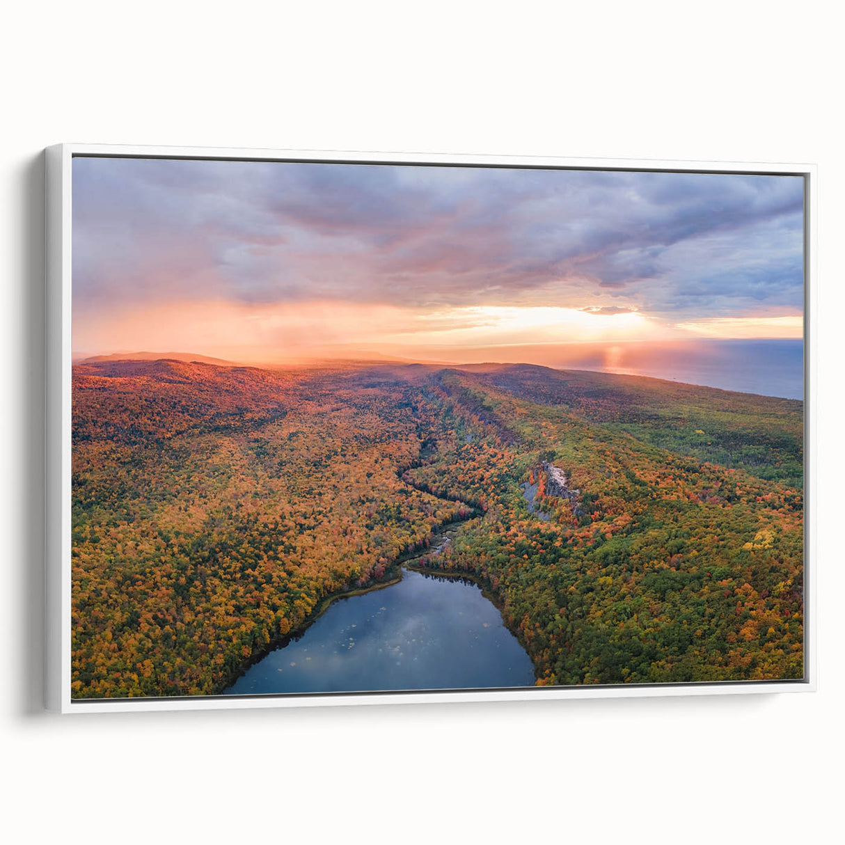Vintage poster art of Michigan's Upper Peninsula in vibrant colors on a white-framed canvas, ideal for living room decor.