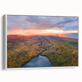 Vintage poster art of Michigan's Upper Peninsula in vibrant colors on a white-framed canvas, ideal for living room decor.