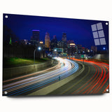 Acrylic print of a large abstract depiction of Minneapolis in muted blue and gray tones.