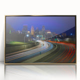 Large art print of Minneapolis skyline with vibrant twilight hues on framed acrylic, ideal for modern art wall decor.