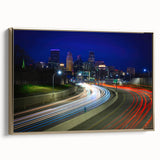 Framed canvas landscape art painting featuring a colorful Minneapolis skyline with vintage poster style.