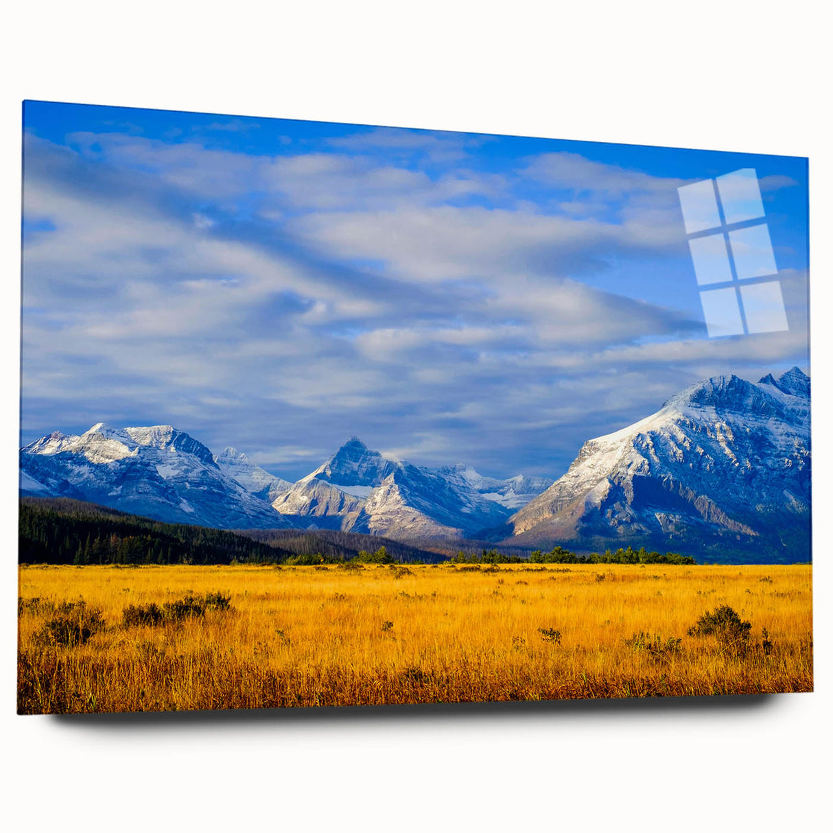 Large abstract depiction of Montana scenery in muted earth tones on acrylic glass, suitable for bedroom or dining room art.
