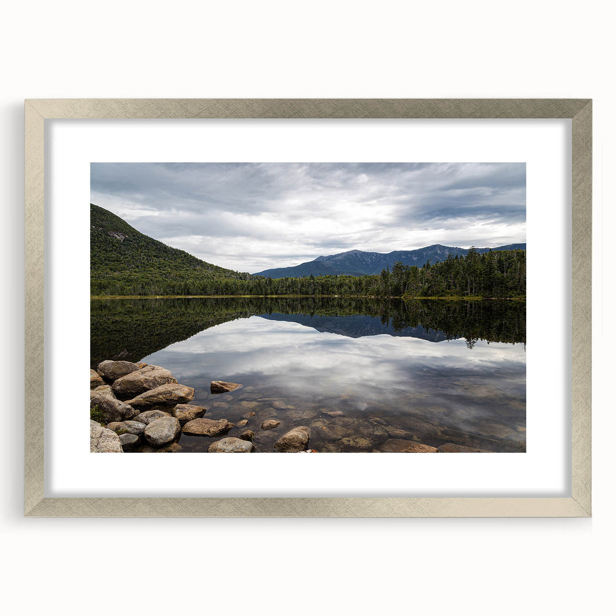 Textured abstract art print depicting a serene New Hampshire landscape in muted earth tones on a framed silver mat.