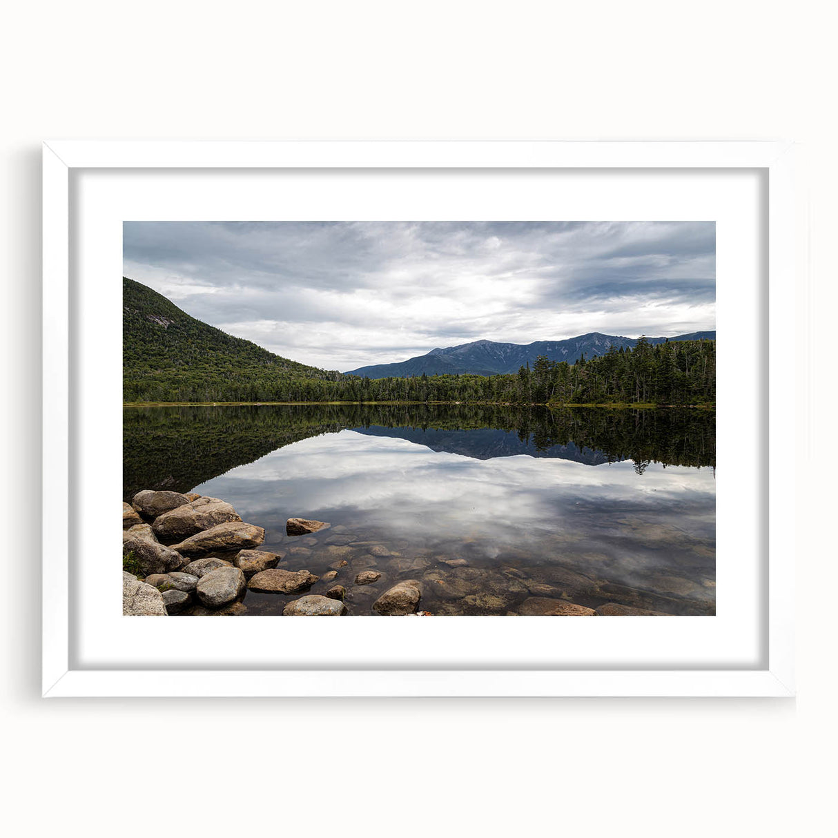 Abstract art print of New Hampshire scenery in muted earth tones on a framed white matte canvas.