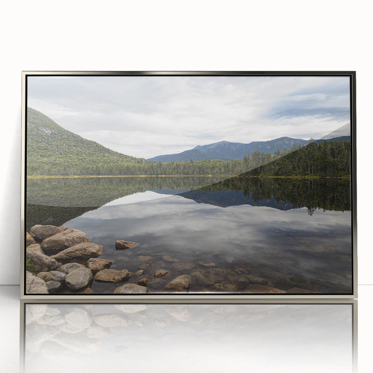 Mid-century modernist art depicting a serene New Hampshire landscape in muted earth tones, framed acrylic.