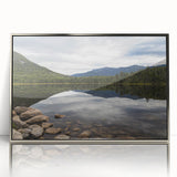 Mid-century modernist art depicting a serene New Hampshire landscape in muted earth tones, framed acrylic.