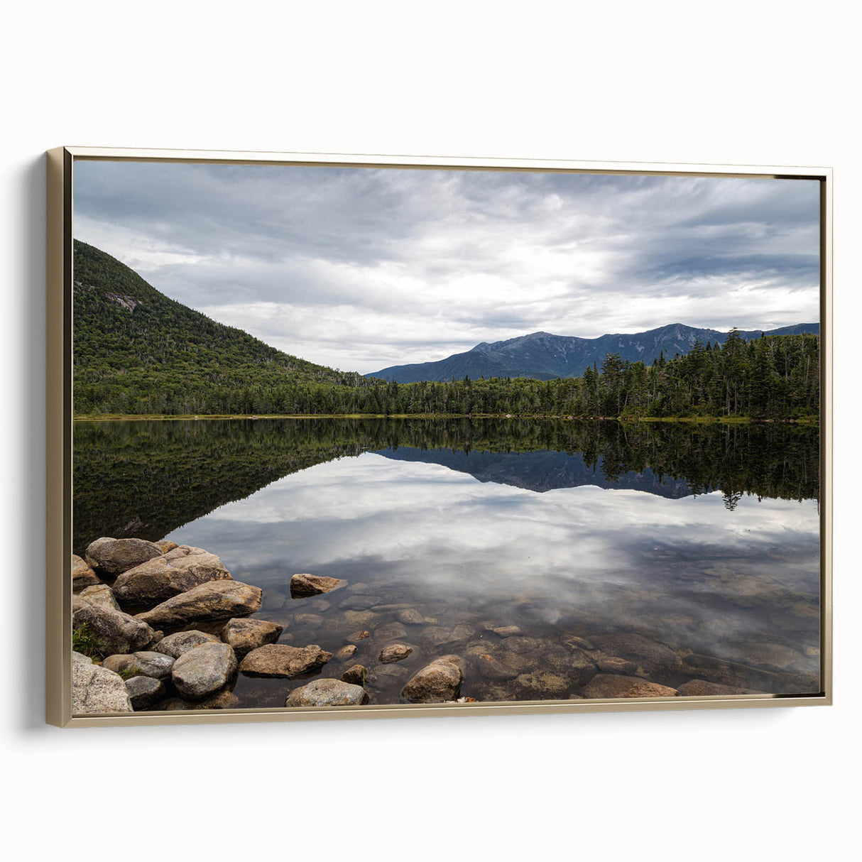 Framed canvas depicting a serene New Hampshire landscape in muted earth tones, ideal for bedroom wall art.