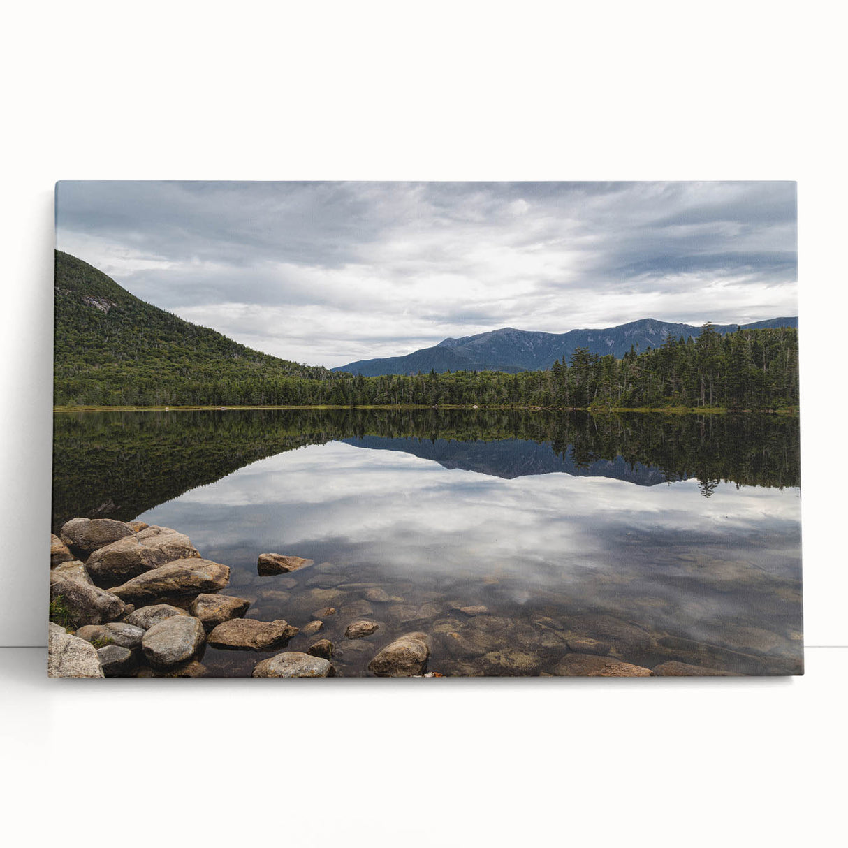 Black and white photograph of a serene New Hampshire landscape on stretched canvas, suitable as kitchen wall art.