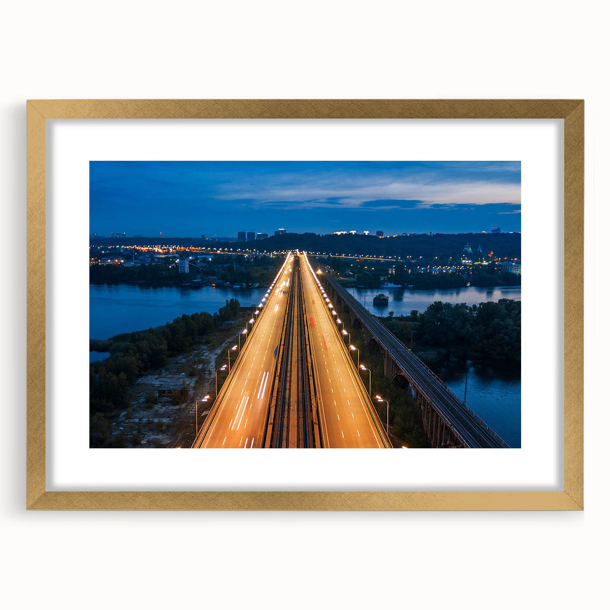 Extra large abstract art print of a textured New Jersey scenery in a gold frame, ideal for living room decor.