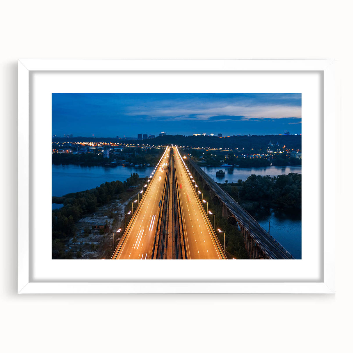 Abstract art print of New Jersey scenery in muted earth tones on a white framed mat, ideal for dining room decor.
