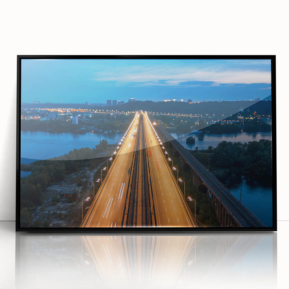 Large abstract wall art depicting the New Jersey skyline in muted earth tones on a framed acrylic panel.