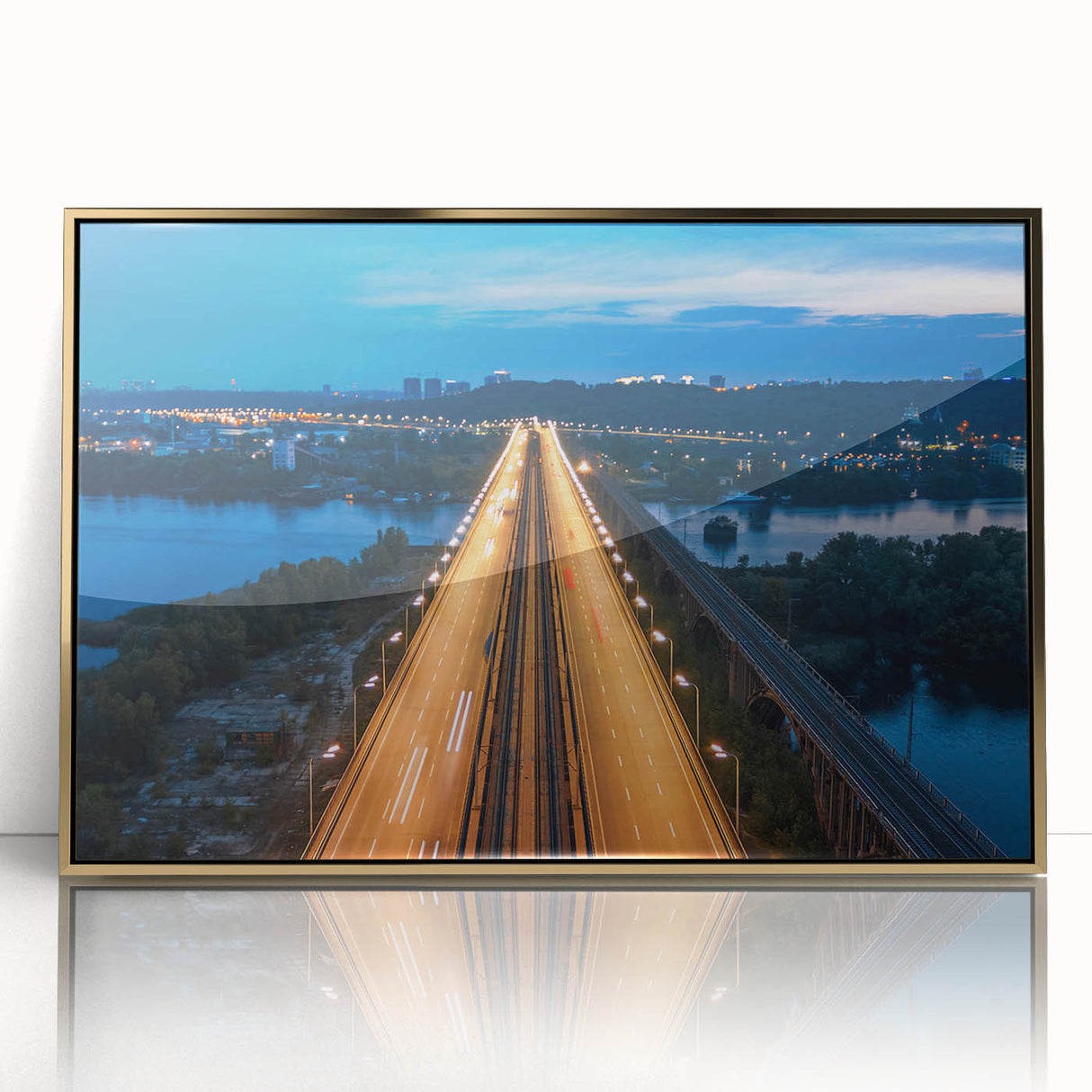 Mid-century modernist acrylic print of New Jersey scenery in gold frame, suitable for nursery wall art.
