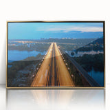 Mid-century modernist acrylic print of New Jersey scenery in gold frame, suitable for nursery wall art.