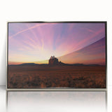 Mid-century modernist art depicting New Mexico scenery in muted earth tones on a silver-framed acrylic print.