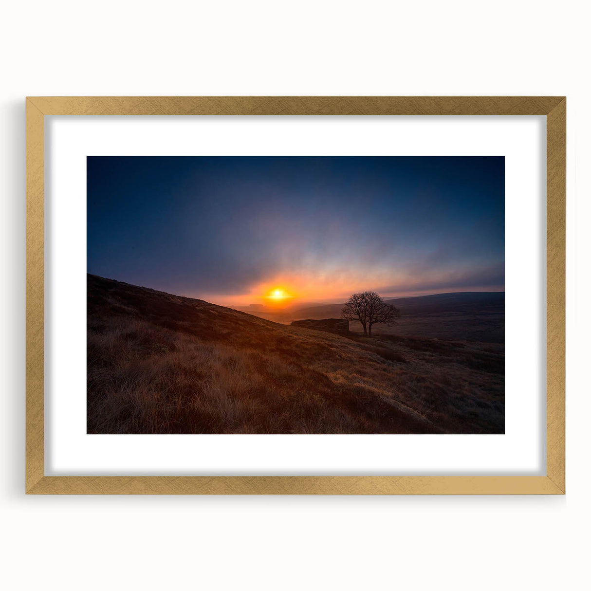Extra large textured abstract art print of Charlotte skyline in gold frame, ideal for living room decor.