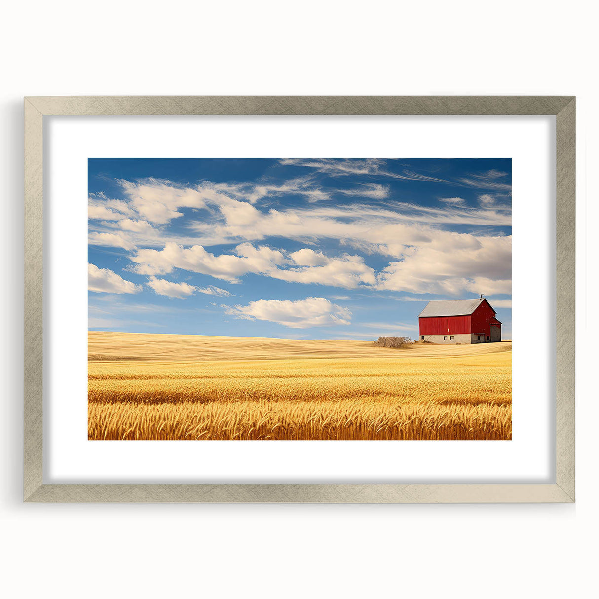 Textured abstract art print depicting North Dakota scenery in muted earth tones on a framed silver mat.