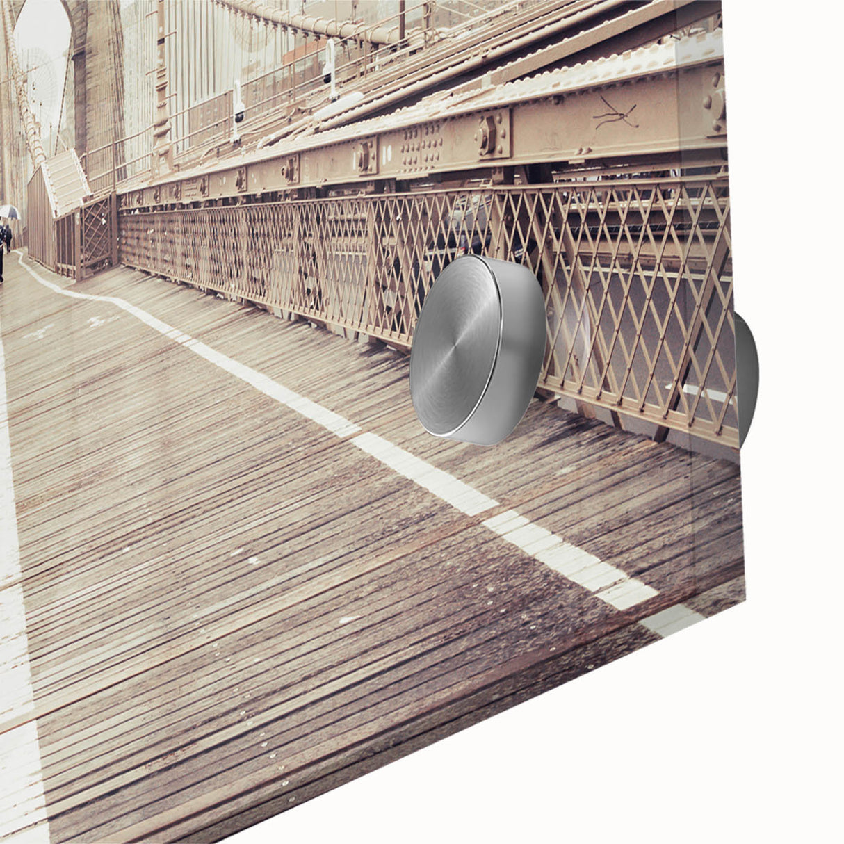 Acrylic print of Brooklyn Bridge in muted gray tones, large abstract style, ideal for dining room art.