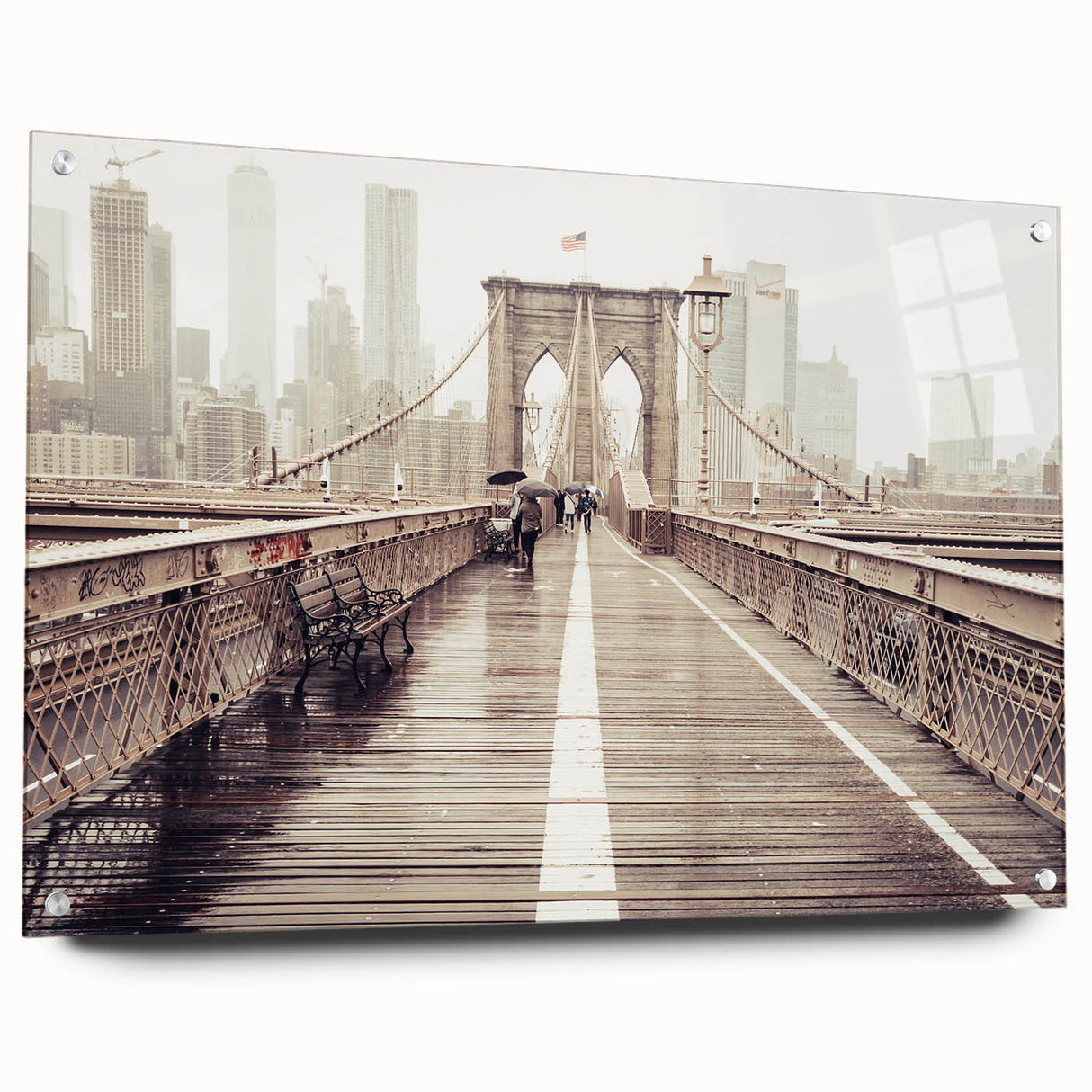 Acrylic print of the Brooklyn Bridge with a side view, featuring muted gray and blue tones.