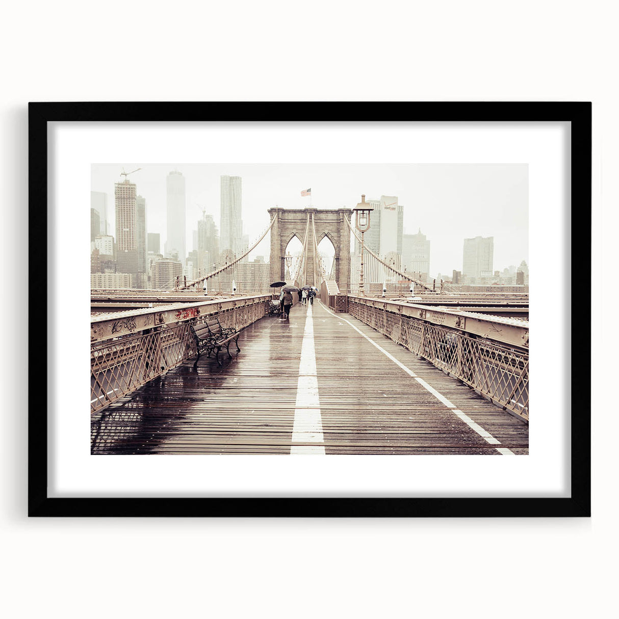 Extra large, textured abstract art print of Brooklyn Bridge in colorful hues on a framed canvas, ideal for living room decor.