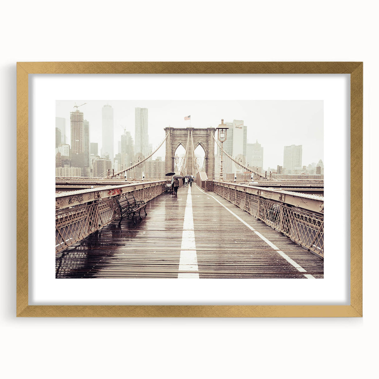 Extra large abstract art print of the Brooklyn Bridge in muted gray tones on a textured canvas, ideal for living room decor.