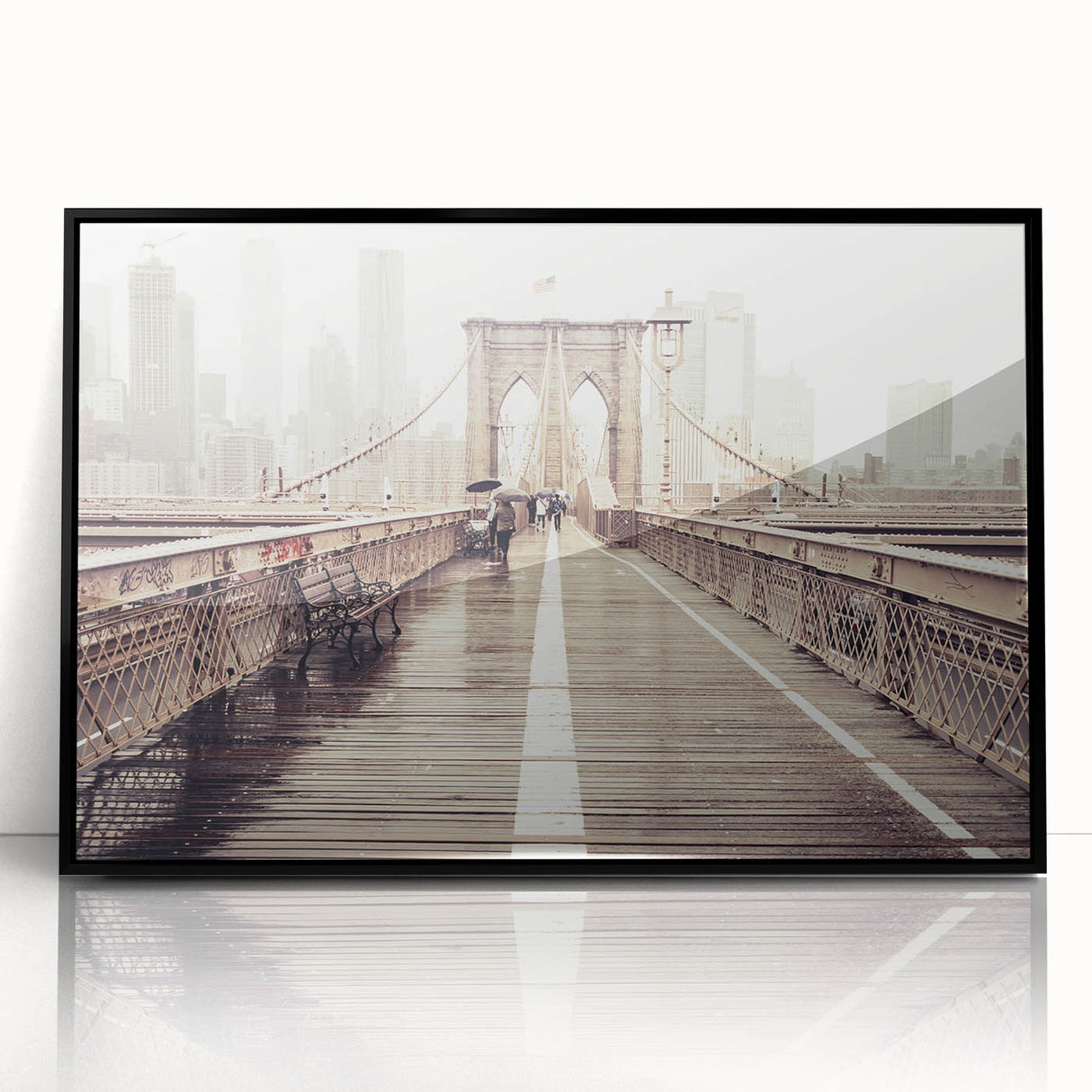 Large abstract wall art of the Brooklyn Bridge in black and white tones on a framed acrylic.