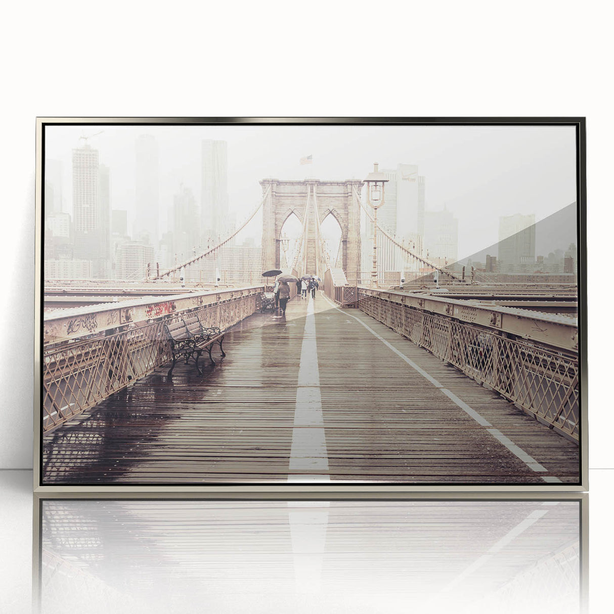 Mid-century modernist art of the Brooklyn Bridge in muted gray tones on a framed acrylic panel.