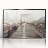 Mid-century modernist art of the Brooklyn Bridge in muted gray tones on a framed acrylic panel.