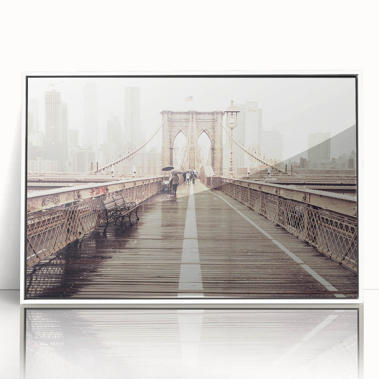 Acrylic print of Brooklyn Bridge in monochrome, framed in white, suitable for modern art wall decor.