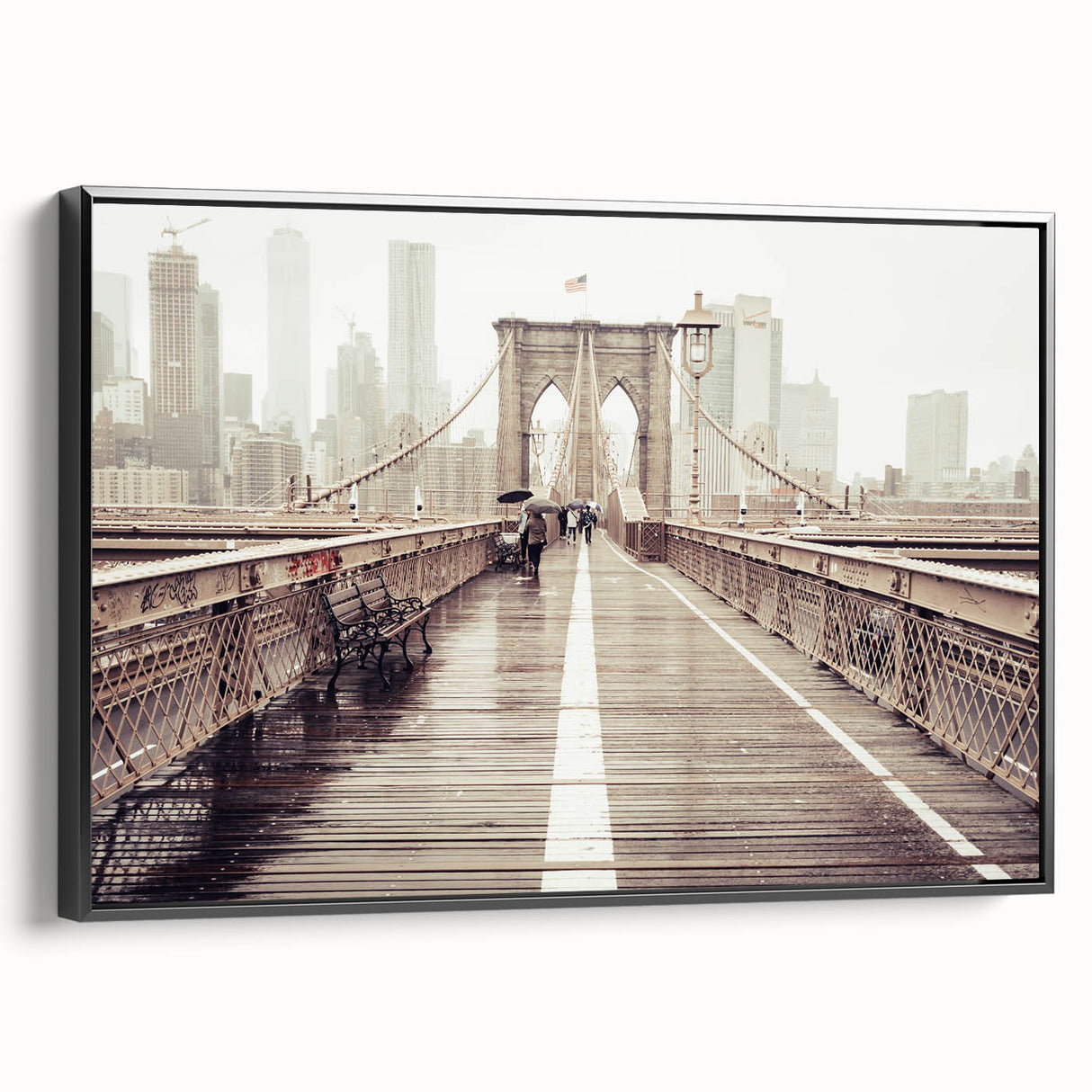 Black and white framed canvas of the Brooklyn Bridge, ideal for bedroom wall art with a vintage poster style.