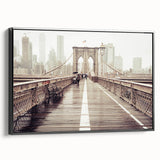 Black and white framed canvas of the Brooklyn Bridge, ideal for bedroom wall art with a vintage poster style.