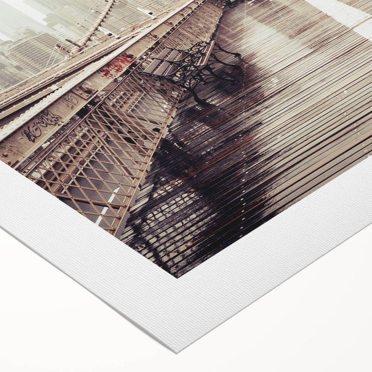 Art deco poster of the Brooklyn Bridge in monochrome shades, printed on rolled canvas, suitable for dining room wall art.