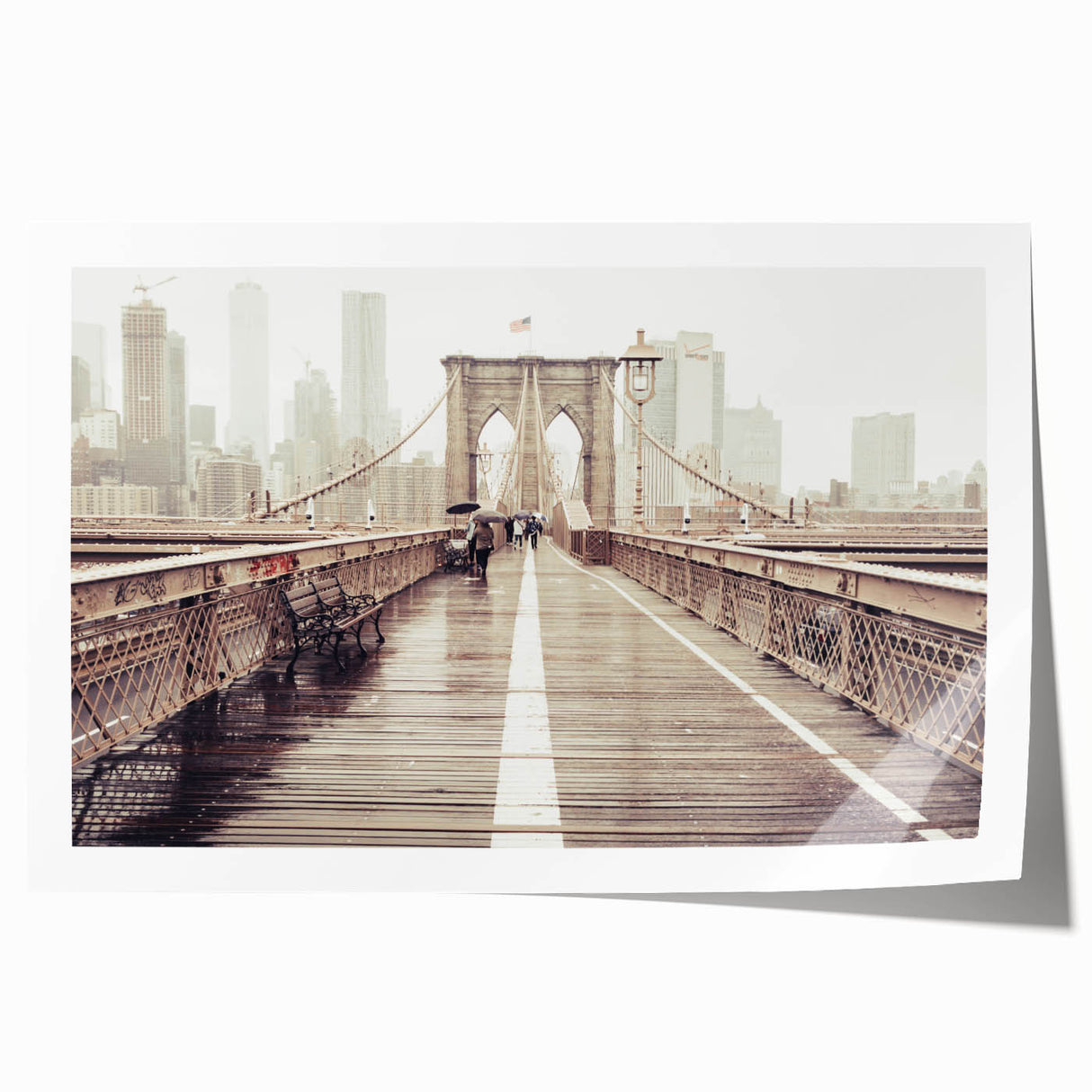 Rolled canvas print of the Brooklyn Bridge in muted gray tones, suitable for art wall dining room.