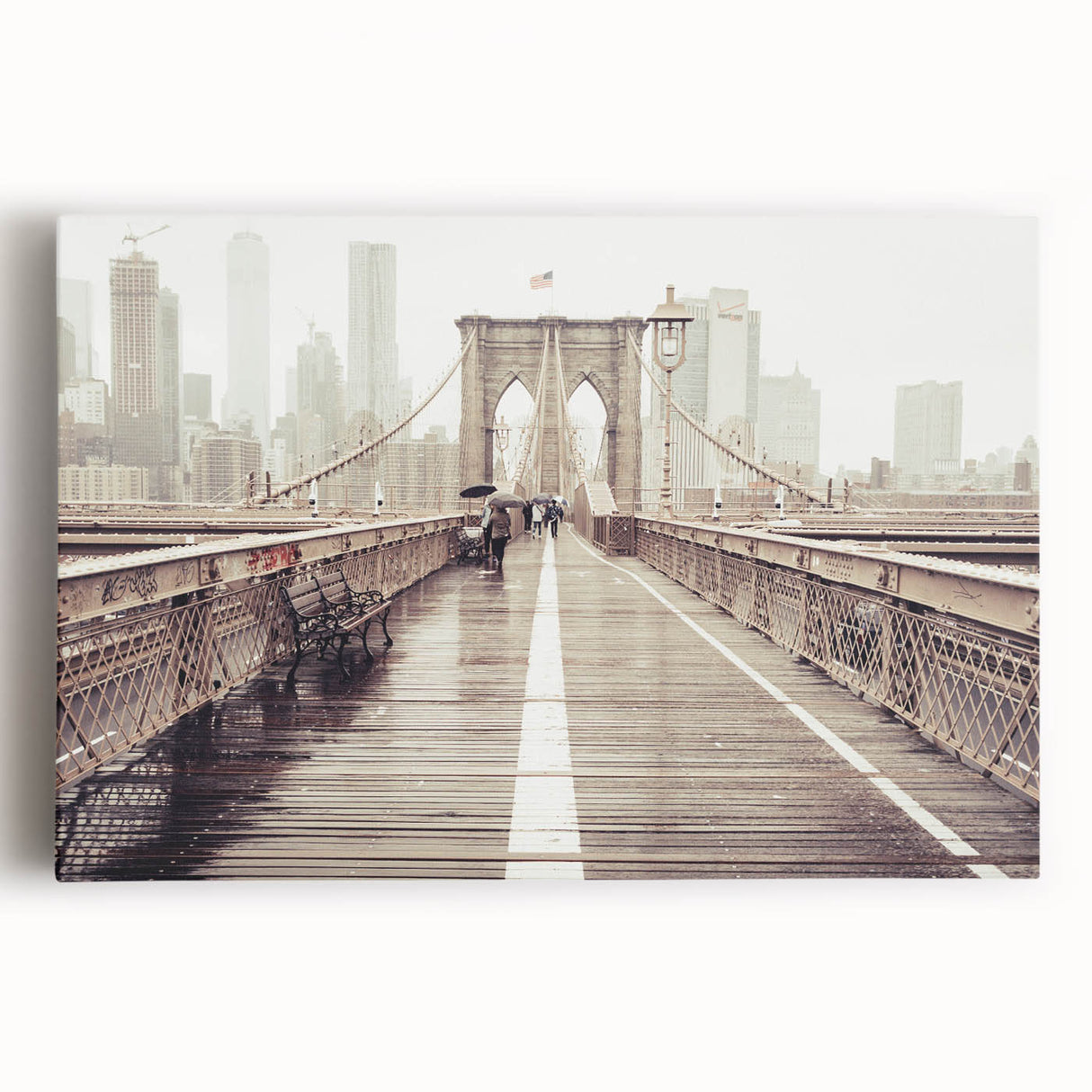 Black and white photo of Brooklyn Bridge on stretched canvas, ideal for kitchen wall art.